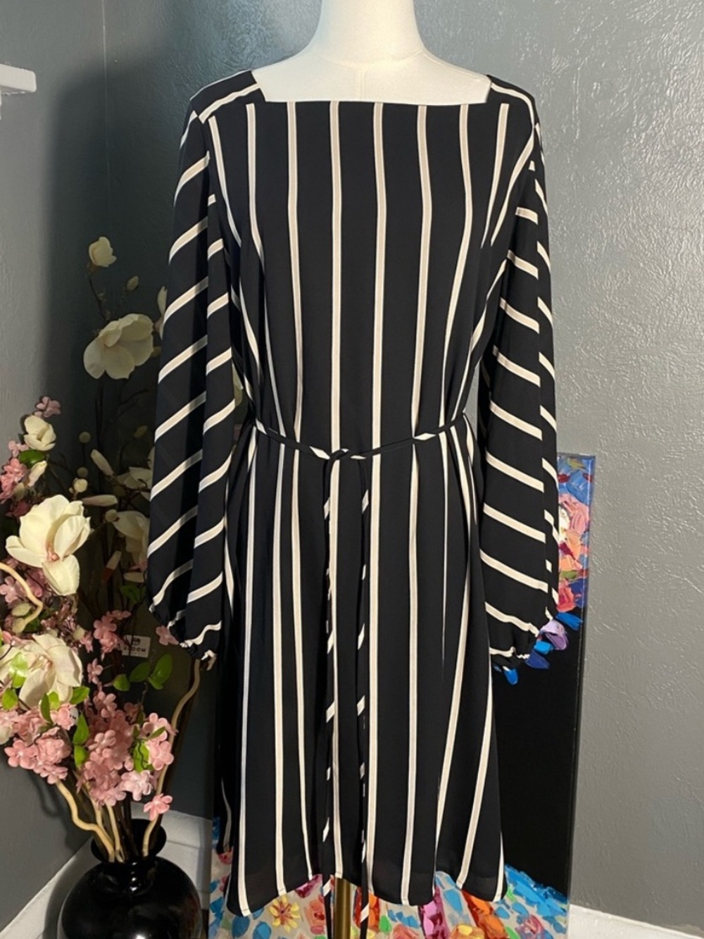 LOFT Striped Tie Waist Midi Dress Small Minimalist Parisian Chic Workwear